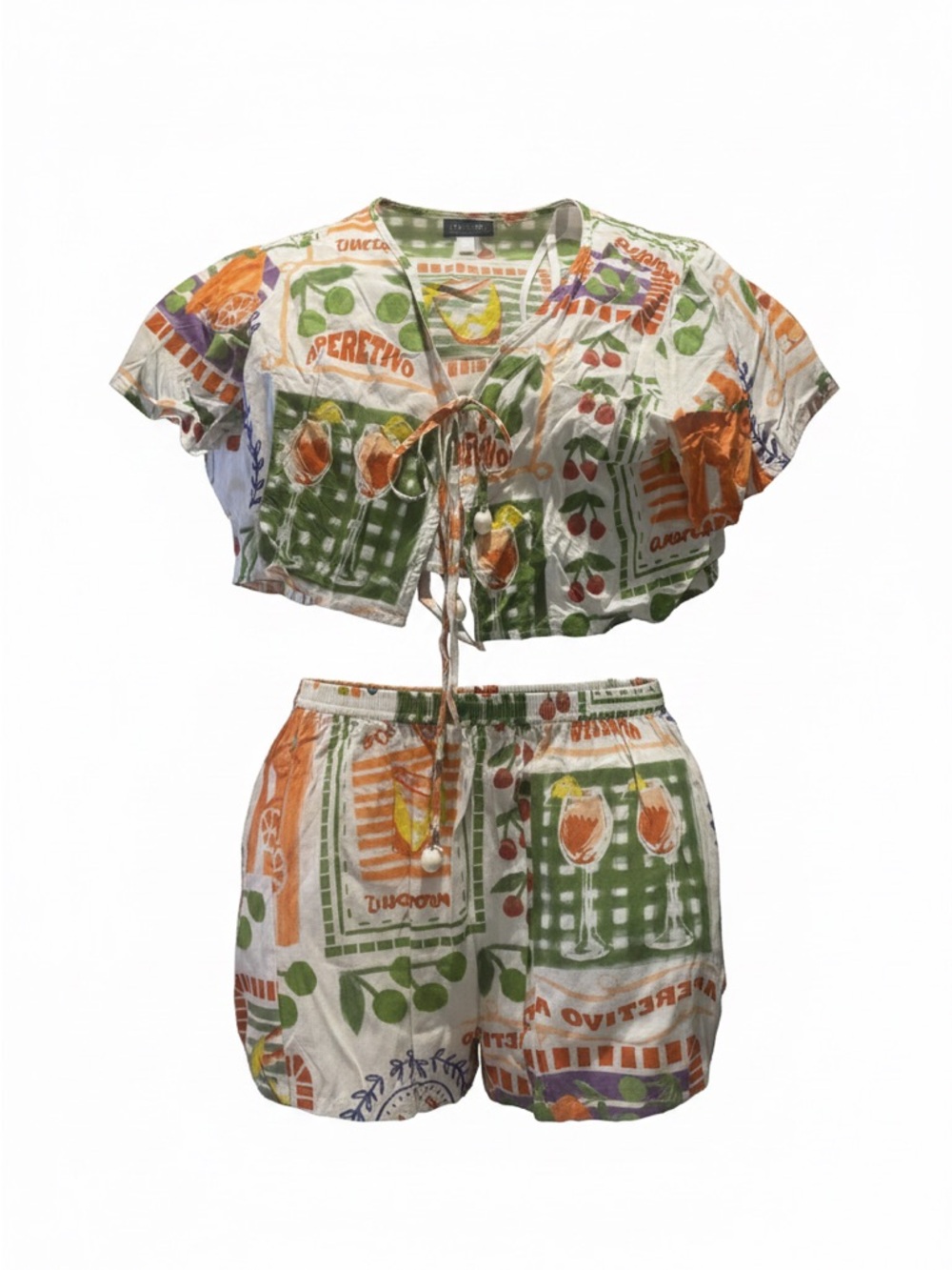 High-Waist Printed Summer Shorts — Orange & Green Botanical